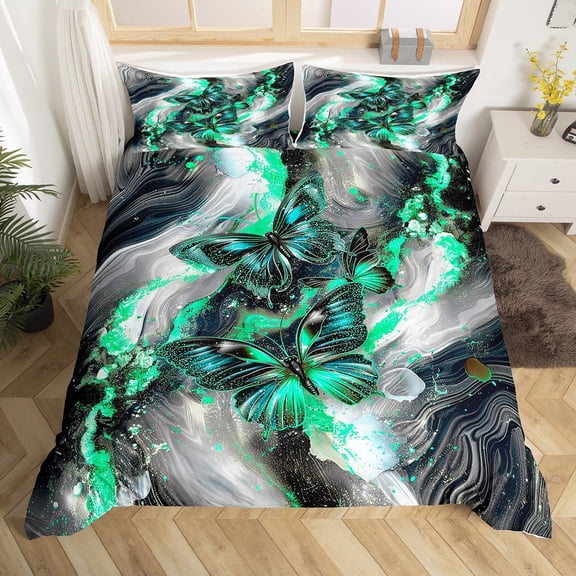 Black Marble Duvet Cover Set Teal Butterfly Queen Bedding Sets,Green Marbling Comforter Cover Abstract Ombre Ink Fluid Art Bed Set,Rustic Animal Dreamy Butterflies Room(No Comforter)