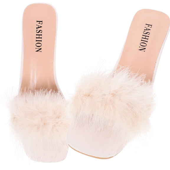 Raindrops 1Pair Wool Studded Woman Slipper Comfortable Open Toe Chunky Heel Beige Sandal