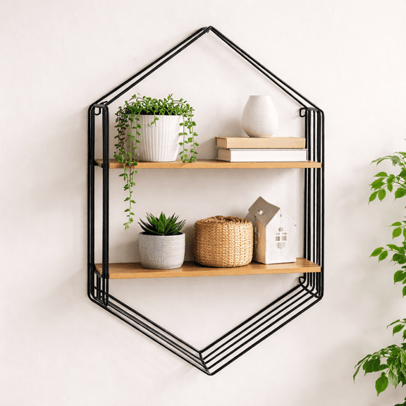 Metal Hexagon Storage Organizer with Wood Shelves for Home Decor - Minimalist Wall Storage for Living Room, Bedroom, or Office - Decorative Accent for Entryway and Kitchen Area - 32", Brown & Black