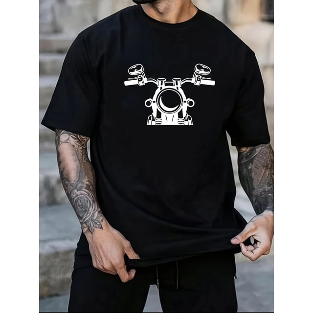 Camiseta deportiva informal para hombre - Elegante camiseta negra con estampado de motociclista en blanco, 100 % algodón, cuello redondo, lavable a máquina - Ligera y transpirable para uso informal y