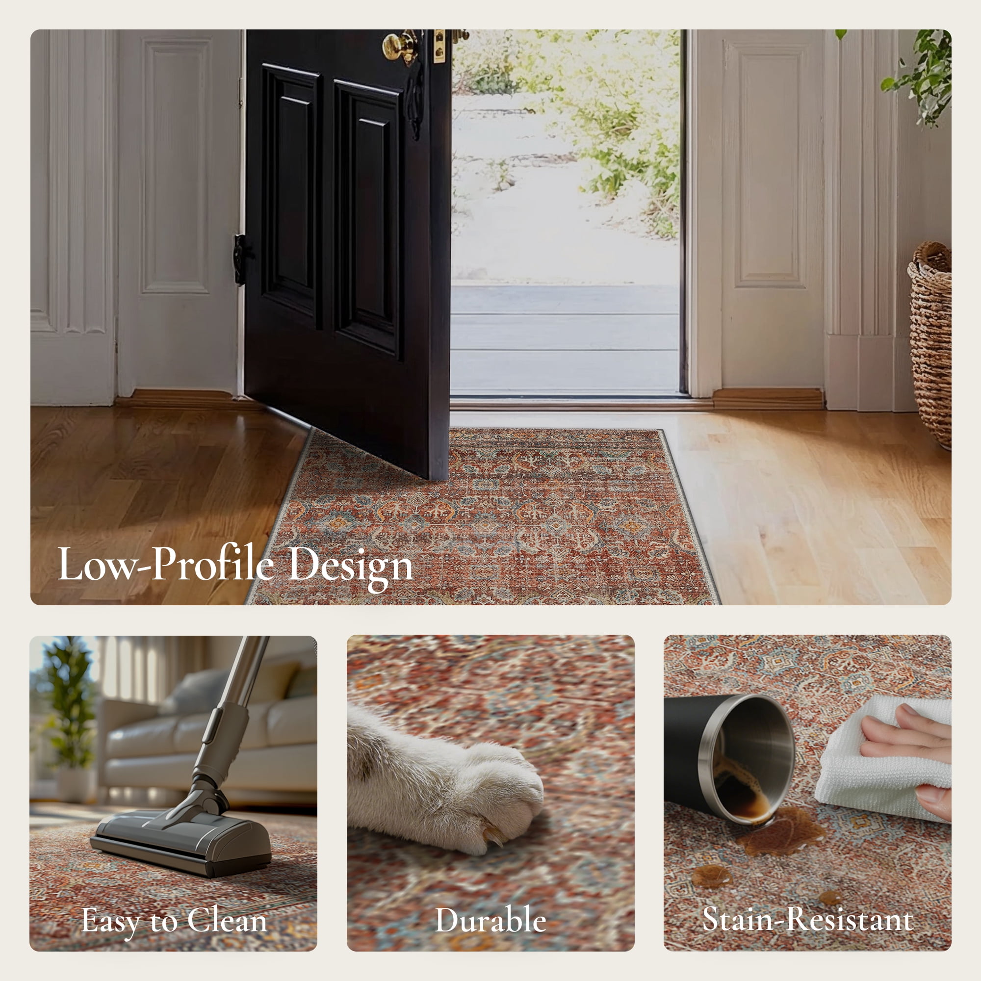 KUETH 2'x3' Area Rugs for Living Room, Non Slip Machine Washable Vintage Indoor Rug, Ultra Thin Chenille Print Rug for Bedroom Dining Room Home Office