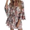 thumbnail image 1 of Vestido HUOGUO de chifón estampado de manga larga con cuello en V y forma de A para mujer, 1 of 5