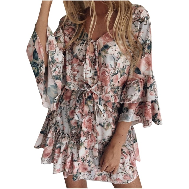 Vestido HUOGUO de chifón estampado de manga larga con cuello en V y forma de A para mujer