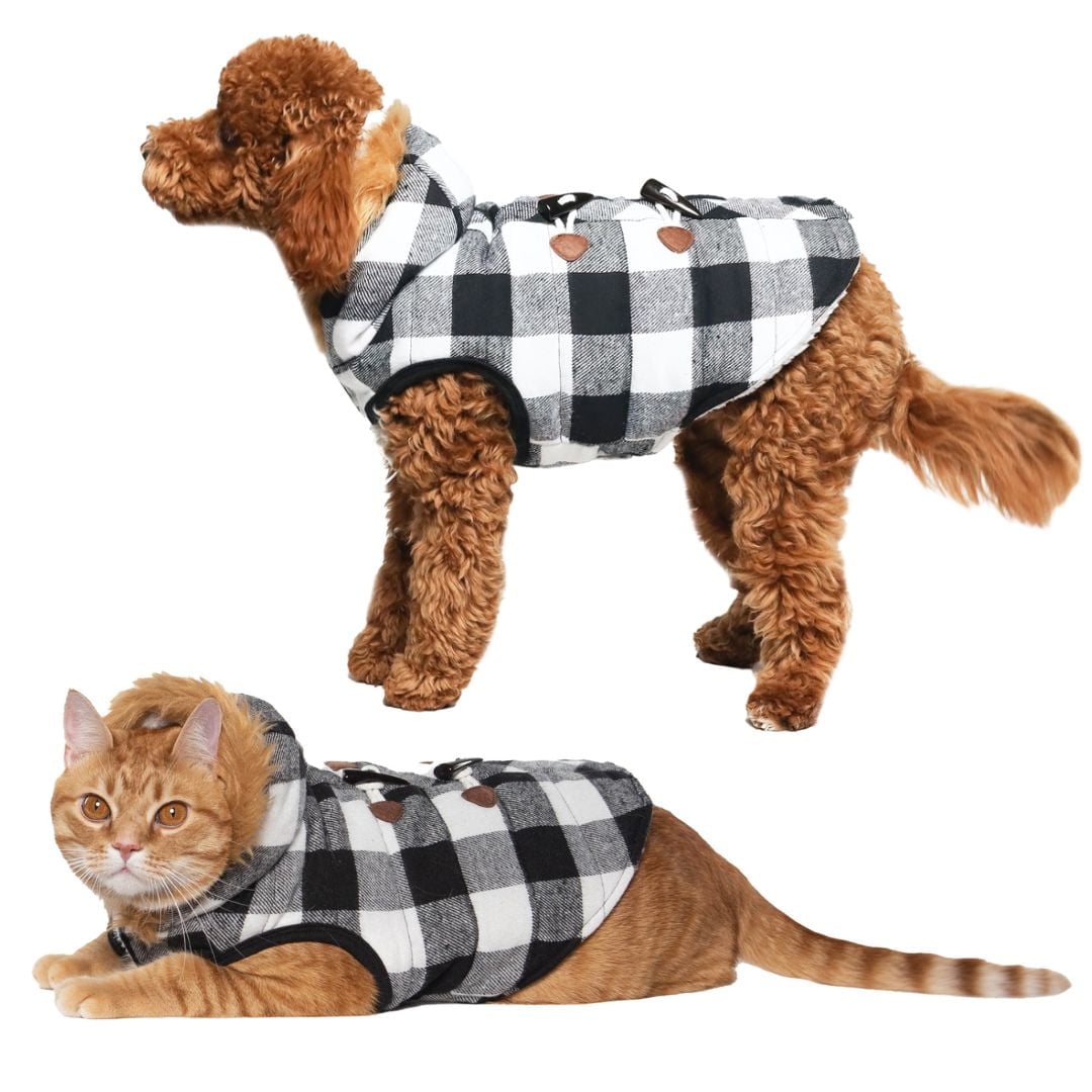 Holiday Time Dog Clothes: Hooded Jacket for Fall & Winter, Black & White Buffalo Plaid, Size XS-XL