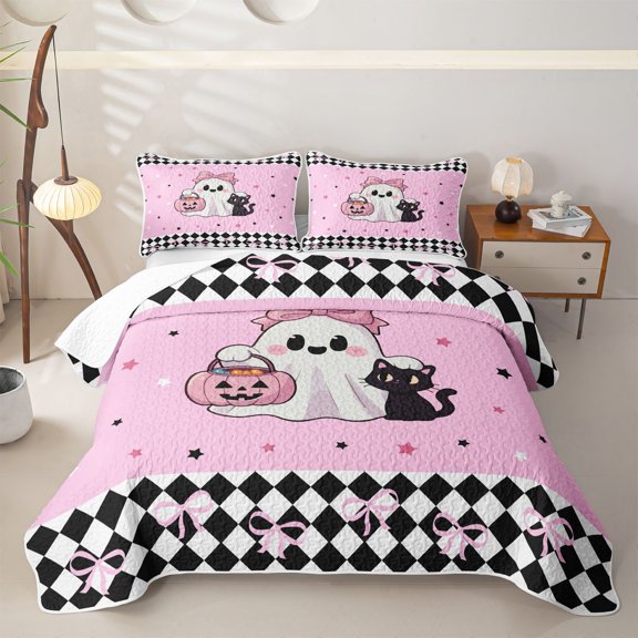 Homewish Cartoon Bow Ghost Cat Quilt Full for Boys Girls, Sugar Halloween Pumpkin Full Bedspread Sets, 3pcs