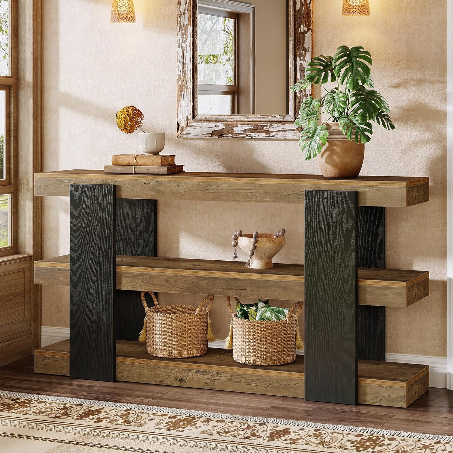 Finmind 63-Inch Farmhouse Console Table, 3-Tier Entryway Table with Storage, Rustic Brown & Black Wood Sofa Table for Living Room, Hallway, Entryway