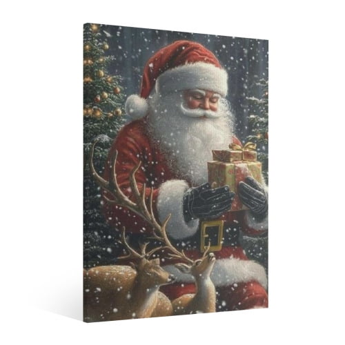 Vintage Christmas Santa Claus and Elk Wall Art Paint Framed - Xmas Festive Winter Holiday Christmas Wall Decor Canvas Print for Living Room Kitchen Bathroom Home Bedroom Decor