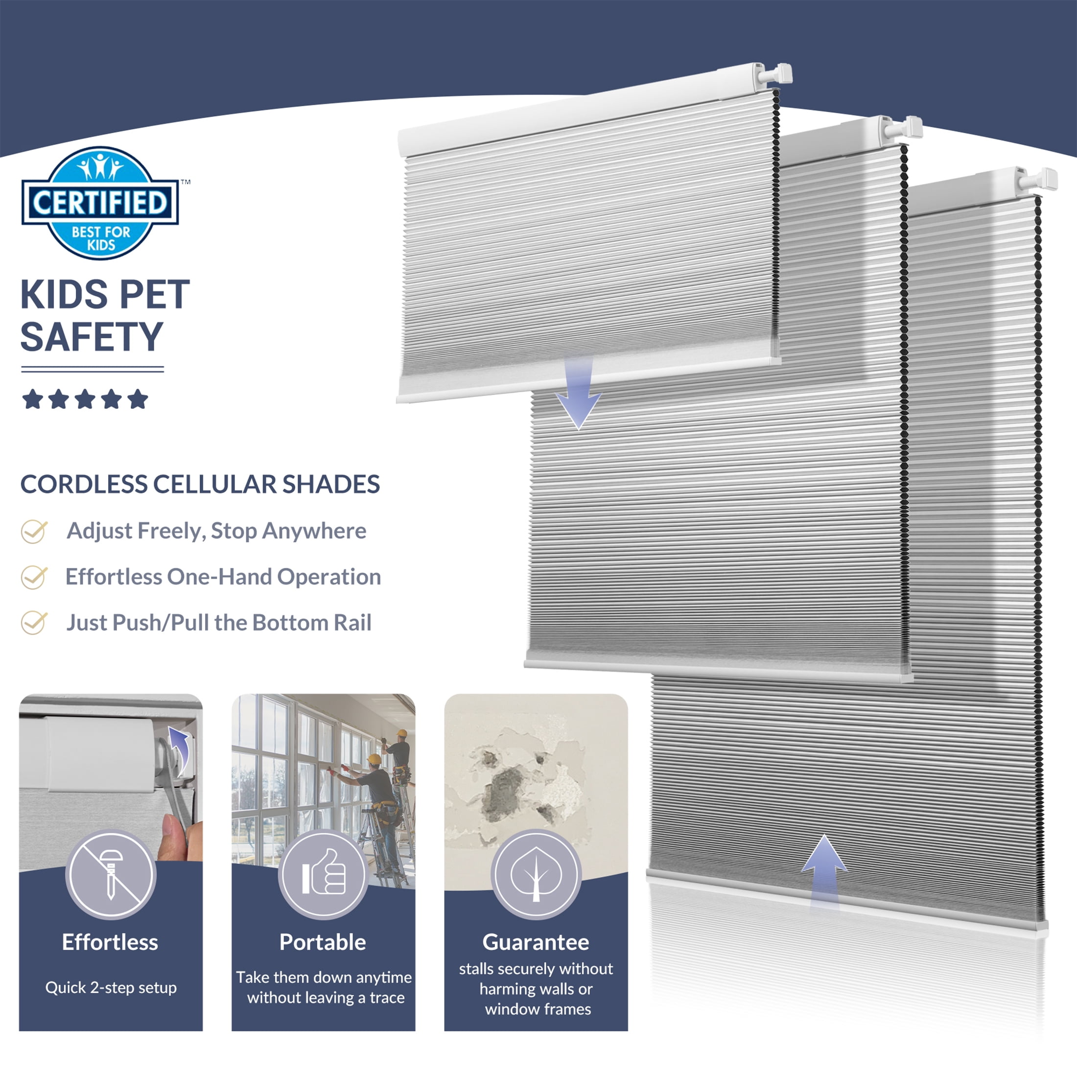 ZimJAHO No Drill No Tools Cellular ShadesBlackout Color-Matched Honeycomb Blinds Easy to Install Cordless Cellular Blinds for Windows, Blackout-White,27"W x 78"H