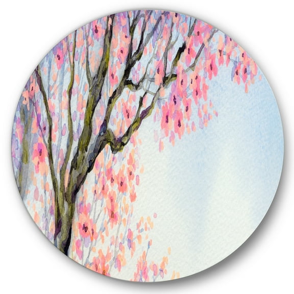 Designart 'Beautiful Pink Bird Sitting On Flowering Branch' Traditional Circle Metal Wall Art 36x36 - Disc of 36