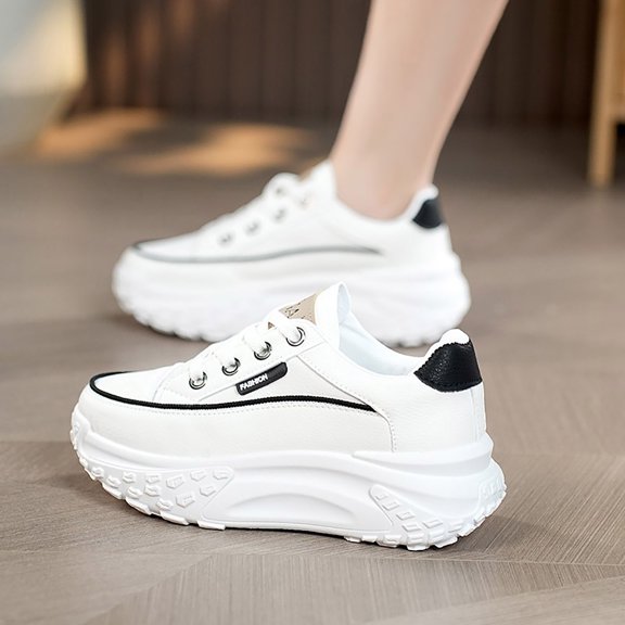 XIMIN Women's Leather Platform Increasing High Heel Leather Upper Sneakers Fashion Chunky Lace Up Sports Trainers High Top Casual Non-Slip Walking Wedge Sneakers
