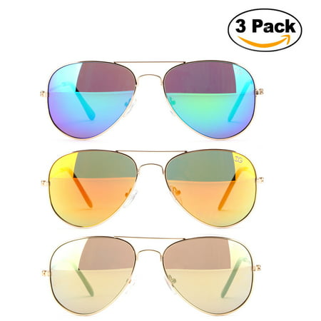 Newbee Fashion - 3 Pack Classic Aviator Sunglasses Flash Full Mirror lenses Metal Frame for Men Women UV