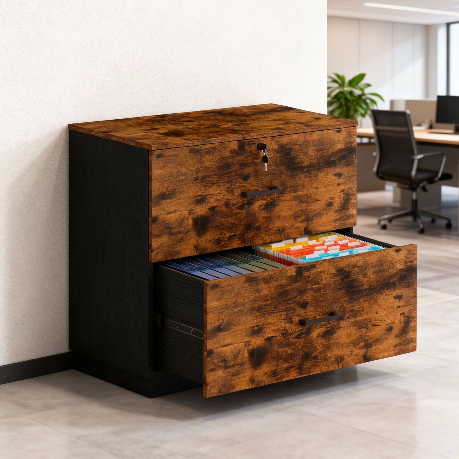 Ktaxon Wood 2 Drawer File Cabinet with Lock, Lateral  Lockable Wood Filing Cabinet for Home Office, Printer Stand with Drawers, Fits Letter, Legal & A4 Files, Brown