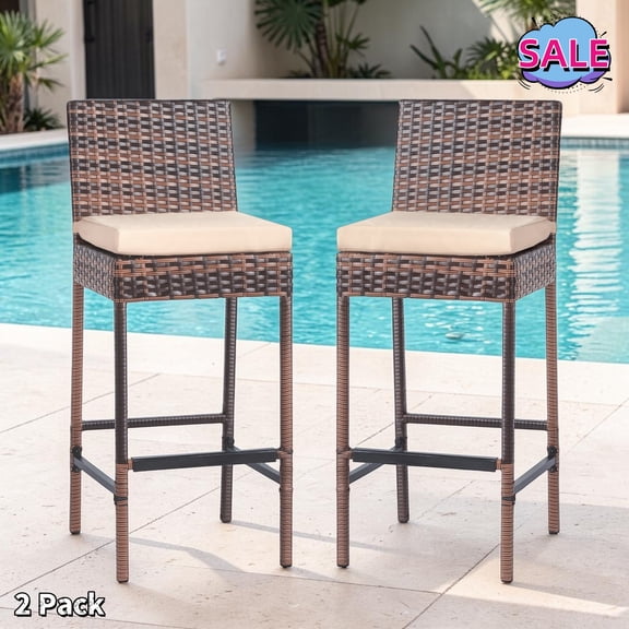 Hassch Set of 2 Outdoor Wicker Barstools, Counter Height Stool with Cushion, Bar Chair for Backyard, Poolside, Patio, Brown