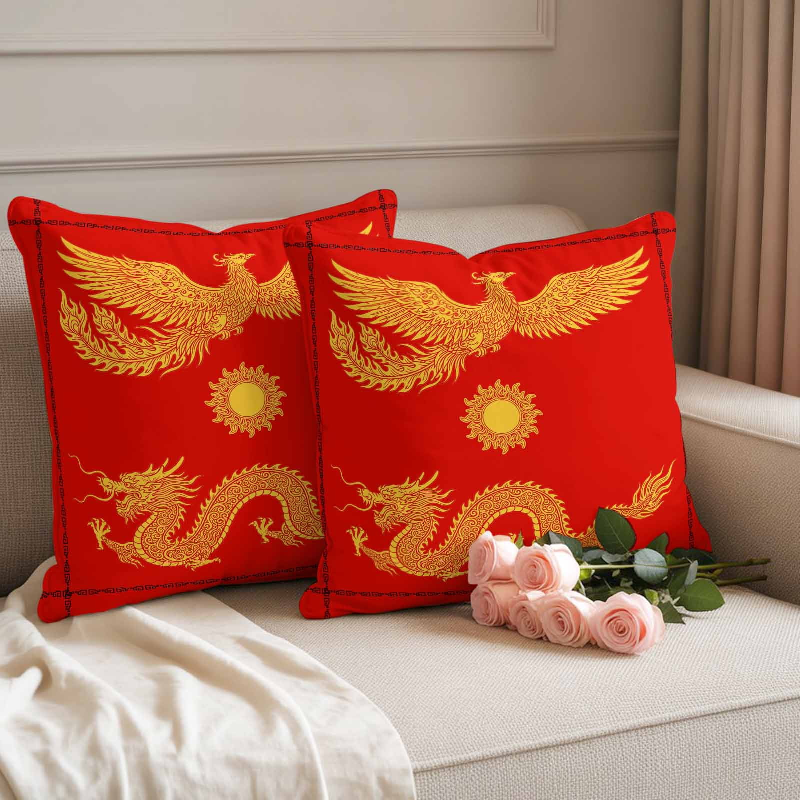 Chinese New Year Outdoor Waterproof Pillow Covers, Yellow Dragon Traditional Art Red Decorative Square Throw Pillowcase Sofa Cushion Sham for Patio/Couch/Chair, 18"x18" 2 Pack