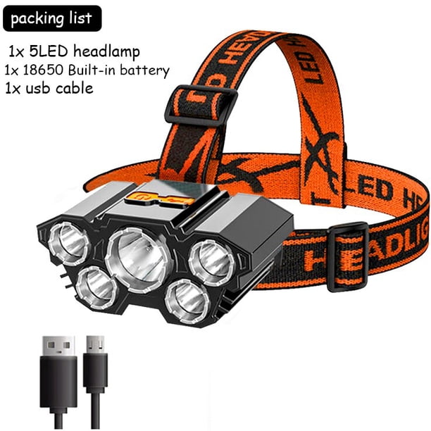 Linterna potente de 5 Led, linterna montada en la cabeza, recargable por Usb, batería integrada, para pesca nocturna, recargable al aire libre