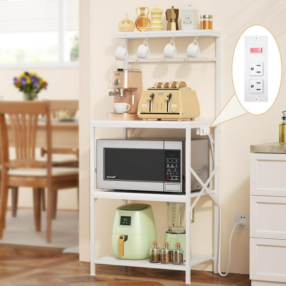 Kitchen Bakers Rack with Power Outlet, Coffee Bar Table 4 Tiers, Microwave Stand with 8 Hooks, Coffee Station and Organizer, Kitchen Storage Shelves Rack for Spices, Pots, White