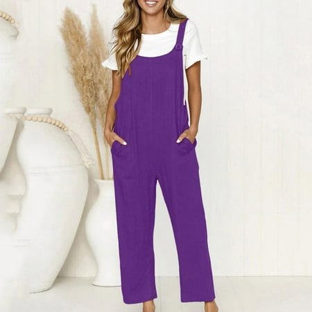 

Homadles Jumpsuits for Women Casual- Fashion Cotton linen Solid Sleeveless Loose Fit Overalls Rompers for Women Summer Purple S