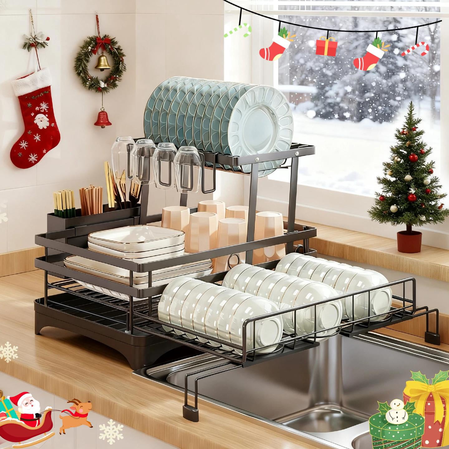 Over Sink Dish Drying Rack, 2-Tier Pull-Out Foldable Dish Rack with Utensil Holder, Stainless Steel, 17.72 in L x 13.78 in W x 5.91 in H