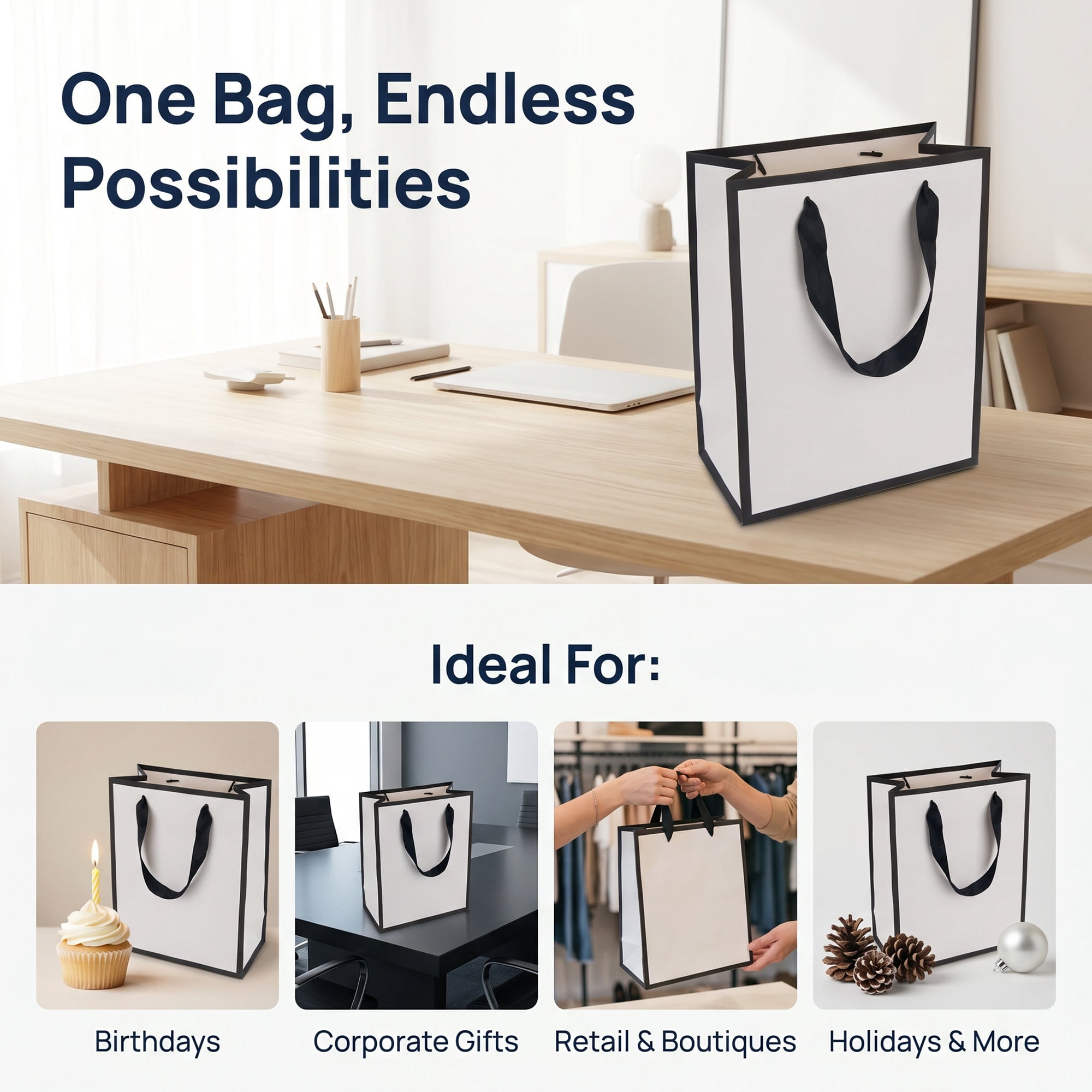 Unique Bargains Sturdy Thick Horizontal Paper Gift Bags White Black 8.3" x 4.3" x 10.6"