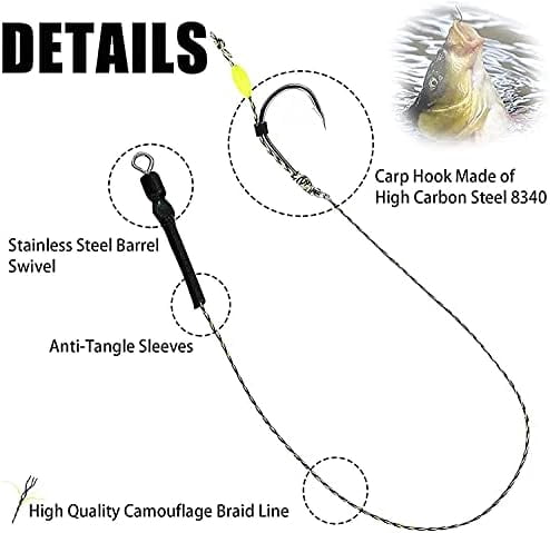 WLIKKS Carp Fishing Hair Rigs - 24 Pcs High Carbon Steel Curved Barbed Hooks with Swivels and Boilies