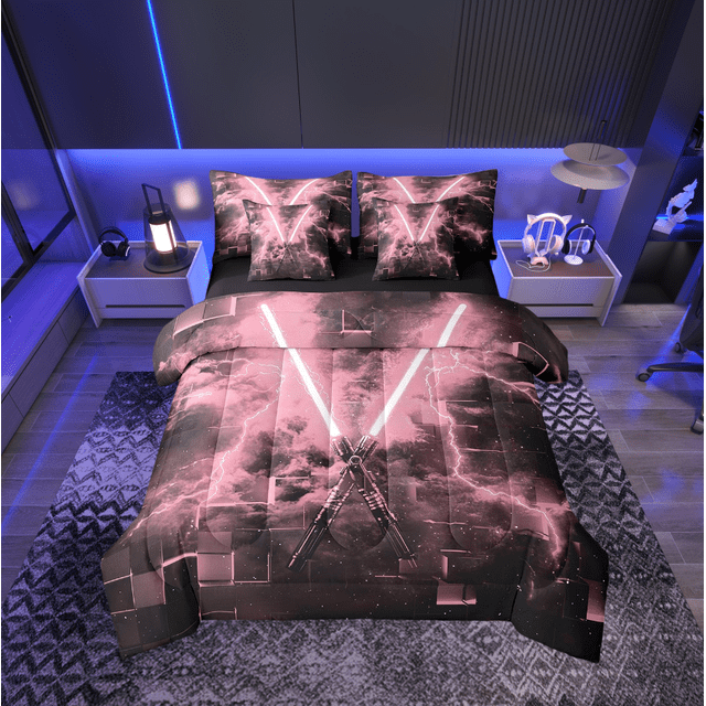 Erosebridal Pink Lightsaber Bed in a Bag Queen size, Futuristic Rectangle Bed Set, Lightning Decor, Reversible