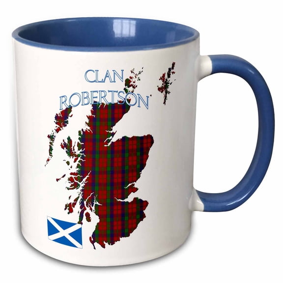3drose, Outline of Scotland with the Robertson Clan Family Tartan., 15oz Two-tone Blue Mug