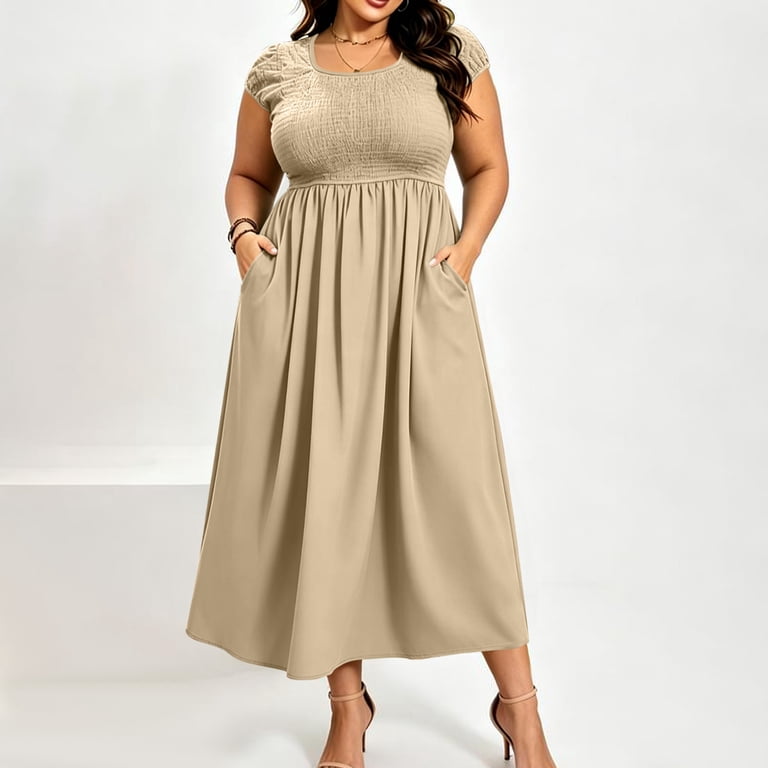 smocked plus size formal dress SCOMCHIC Women's Plus Size Maxi Dresses Summer Short Sleeve Square Neck Smocked Wedding Guest Cocktail Boho Long Dress Beige at Amazon Women's Clothing store