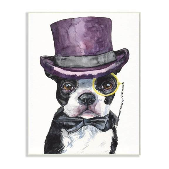 Stupell Industries Boston Terrier With Hat Dog Pet Animal Watercolor Painting Wall Plaque Art by George Dyachenko