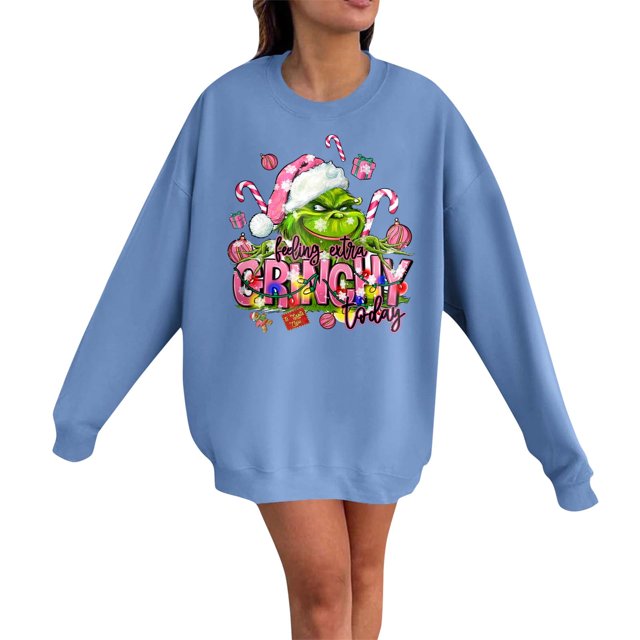 MIARHB Sudadera navideña My Day para mujer, talla grande, informal, a la moda, con estampado navideño, manga larga, cuello redondo, holgada, con estampado de Grinch, tallas S-3XL