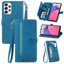 SaniMore Case for Samsung Galaxy A54 5G 2023, PU Leather Zipper Wallet Detachable Lanyard Retro Embossed Flower Crad Slots Flip Kickstand Full Body Protective Drop-proof Case for Galaxy A54 5G, Blue