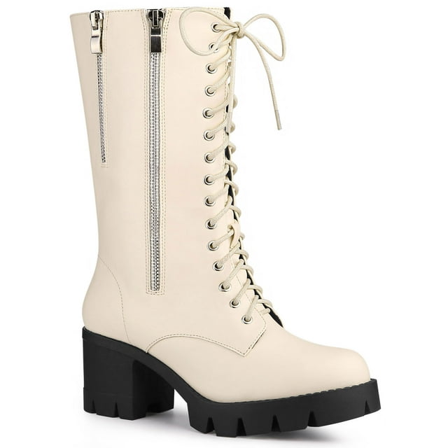Unique Bargains Bottes de Combat Mi-Mollet à Plateforme à Lacets à Talons Épais pour Femmes