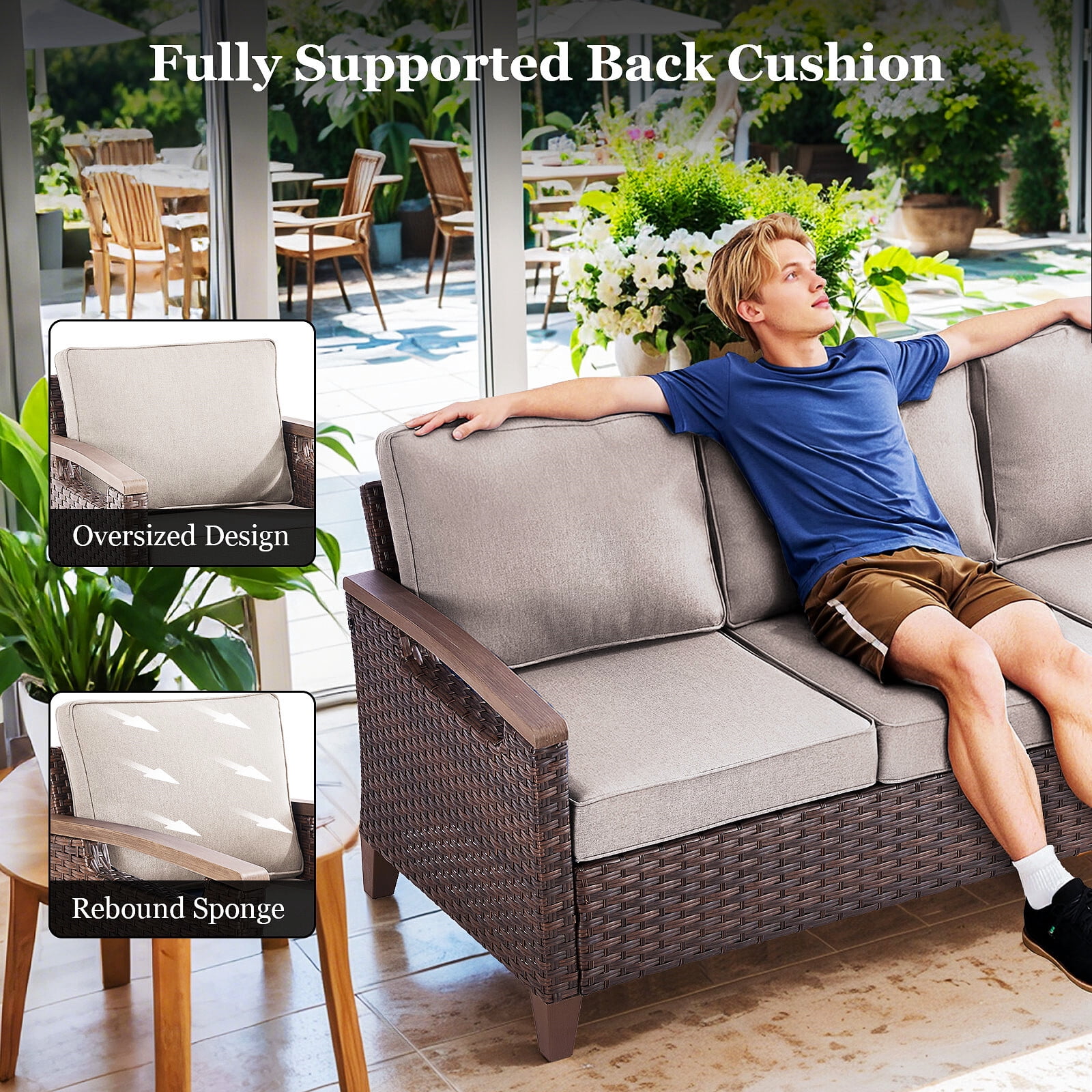 Bellefurn Wicker Patio Sofa Outdoor Couch,Patio 3 Seater Sofa Outdoor Rattan Furniture Sofa with Non-Slip Thick Cushions for Outdoor,Garden,Lawn,Backyard