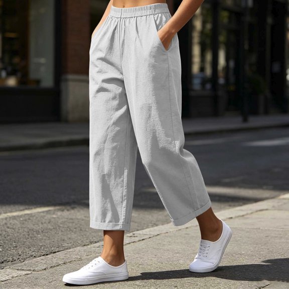 Usloyux Women's Straight Leg Capri Pants Elastic Waist with Pockets Casual Loose Fit Trousers for Summer Beach Party Bottoms, White M