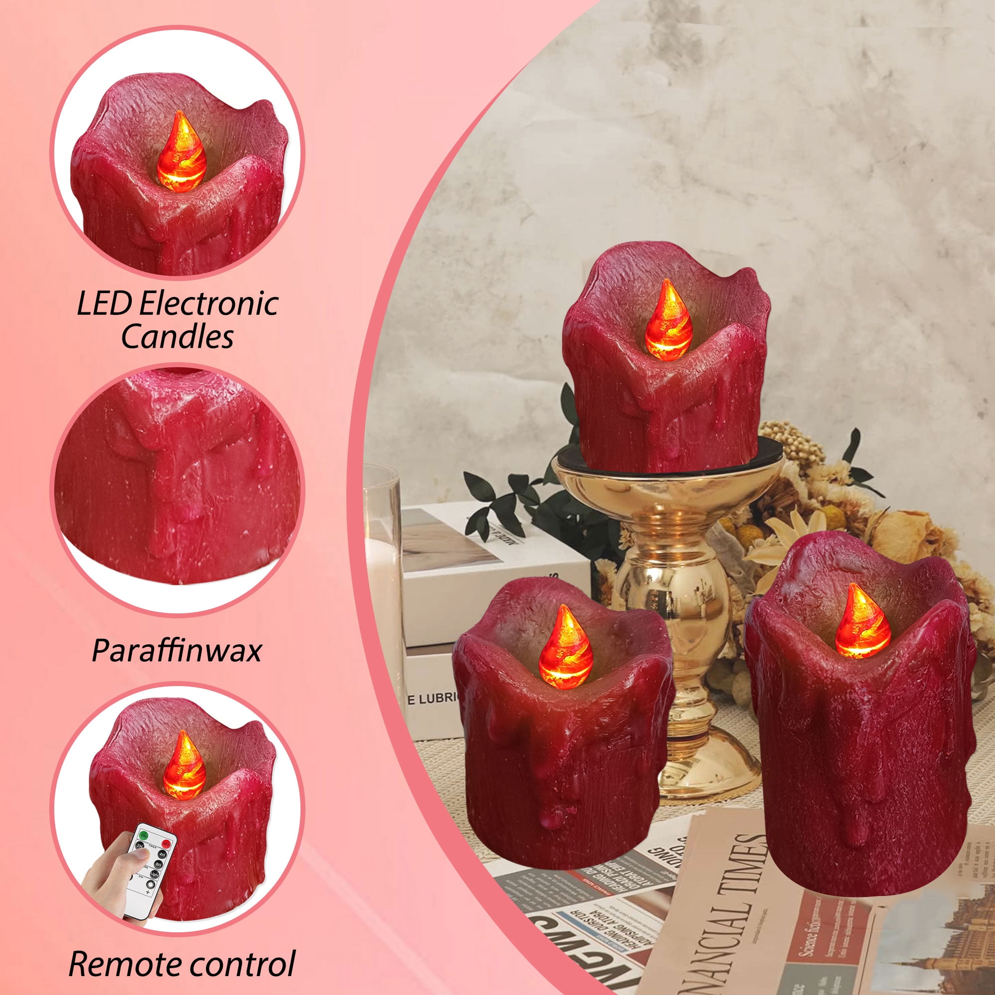 FCMSHAMD Flickering Flameless Candles with Remote Timer, 2.3" 3" 4" Realistic 3D Flame with Real Wax Pillar LED Candles,Battery Operated Candles for Wedding Home Decoration, Christmas,3 Pack