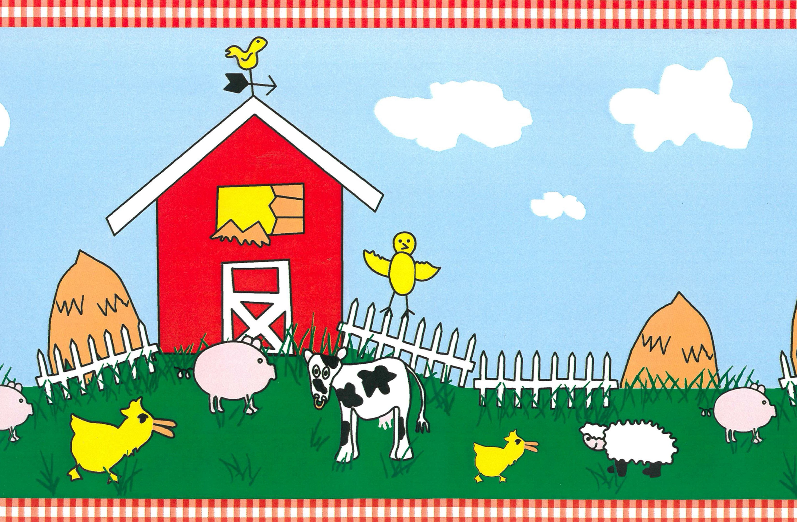 Dundee Deco Prepasted Wallpaper Border - Kids Red, Green, Yellow, Blue Animals Farm, 15 ft x 6 in
