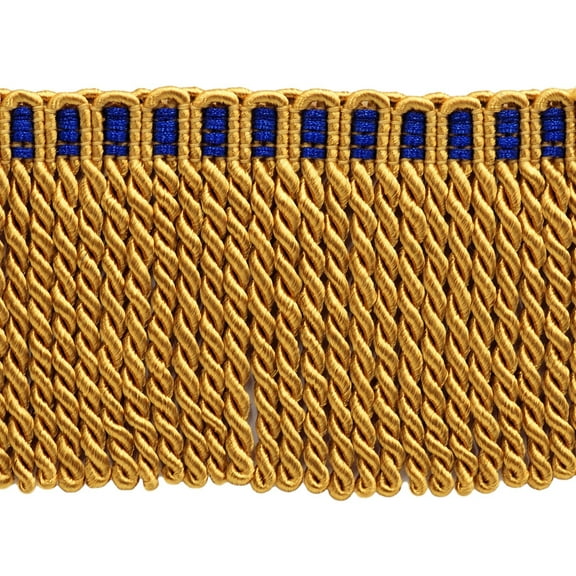 3" (7.5cm) Noblesse Collection Bullion Fringe Trim with Fancy Knitted Header # DB3,, Antique Gold #C4T (Yellow Gold, Royal Blue) 5 Yards (15 ft/4.5m)