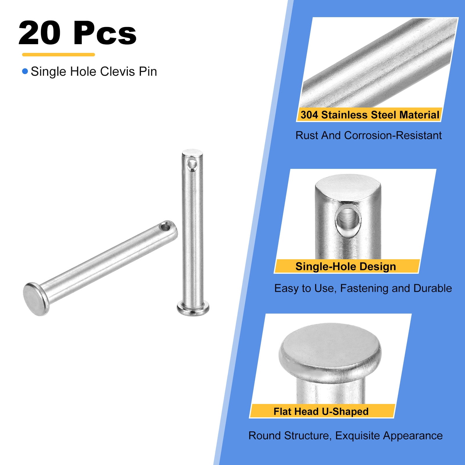 20Pcs M8 x 60mm Single Hole Clevis Pins, 304 Stainless Steel Flat Head Pin