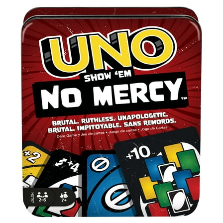 Mattel Games UNO Show em No Mercy Card Game in Storage & Travel Tin for Kids, Adults & Family Night with Extra Cards, Special Rules & Tougher Penalties (Exclusive)