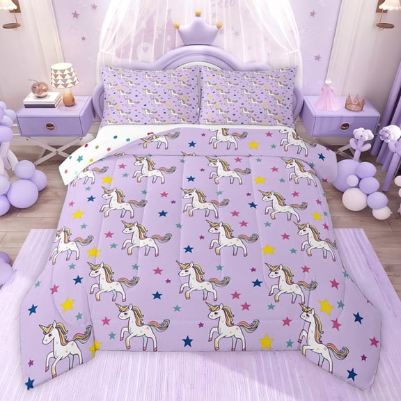 Castle Fairy Kawaii Unicorn Twin Comforter Sets,Cartoon Stars Print Bedding Set