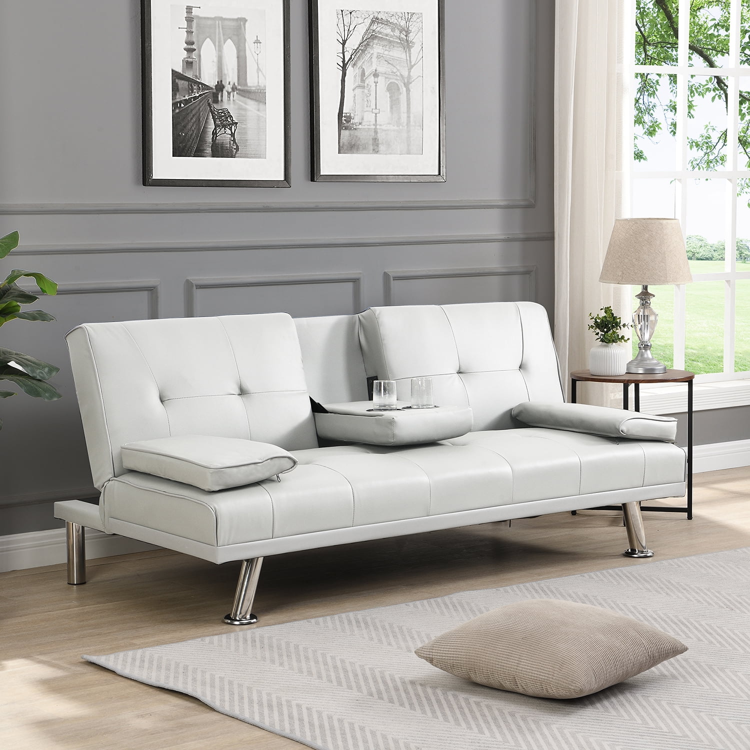 Kadyn Futon Sofa, Mid Century Sofa Bed with Armrest, Leather Futon for Office, White Kadyn Futon Sofa, Mid Century Sofa Bed with Armrest, Leather Futon for Office, White
