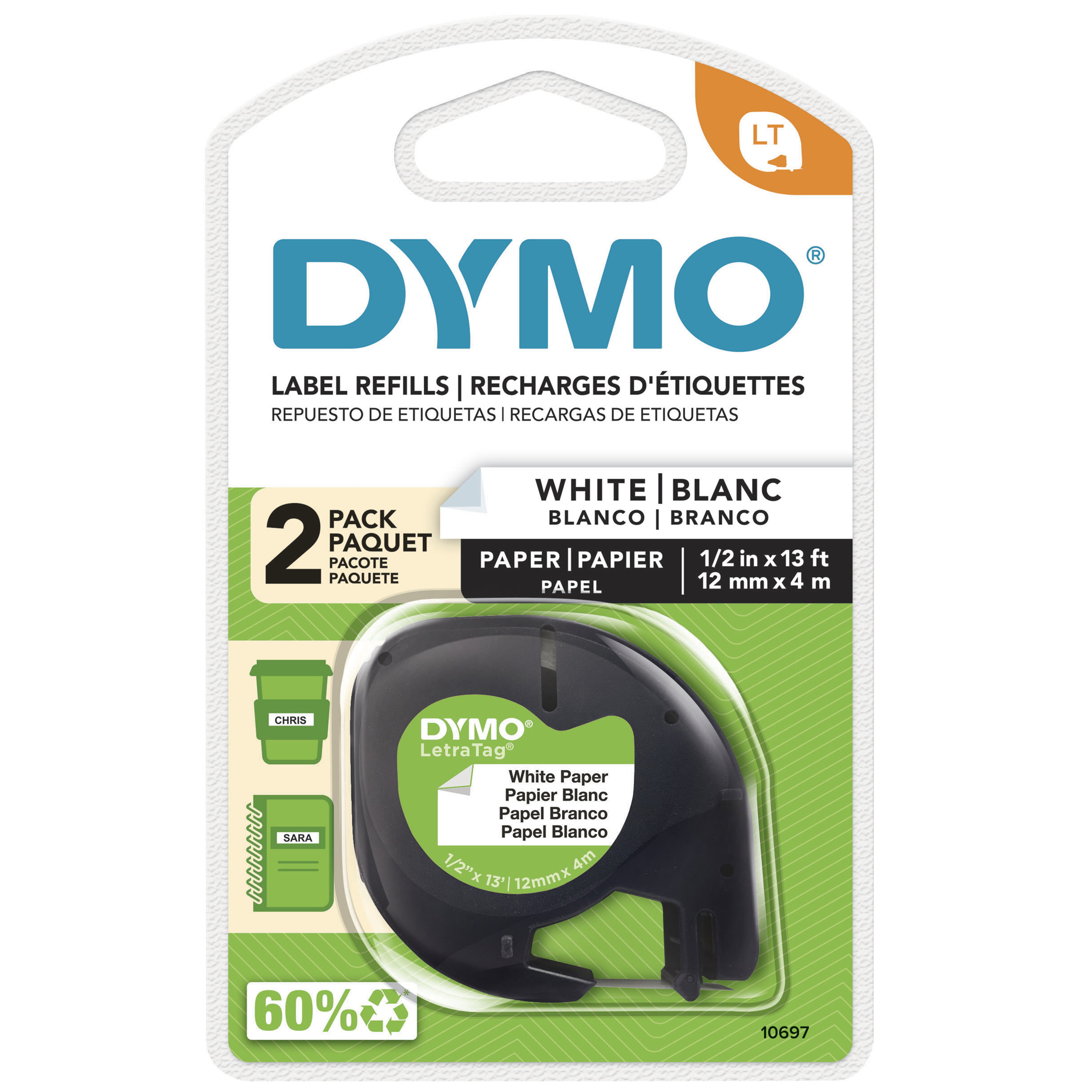 8PK Plastic Label Tape Refill for DYMO LetraTag LT100T 91201 Black on White 12MM 