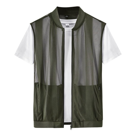 Xfvqtps Mens Summer Breathable Mesh Filament Sun Protection Clothing Outdoor Fishing Inner Pocket Tank Coat Army Green
