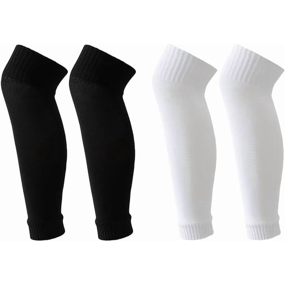 2 Pairs Precut Soccer Socks Football Leg Sleeves Shin Guard Rugby Athletic Pre Cut Sports for Men Women Adults White Black -