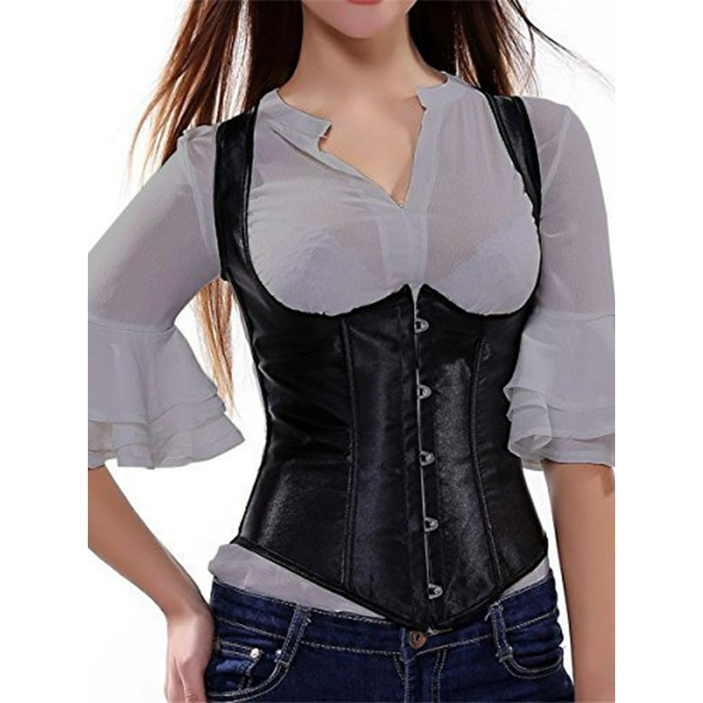 Lelinta Black PVC Leather Steampunk Gothic Underbust Vest Cosplay