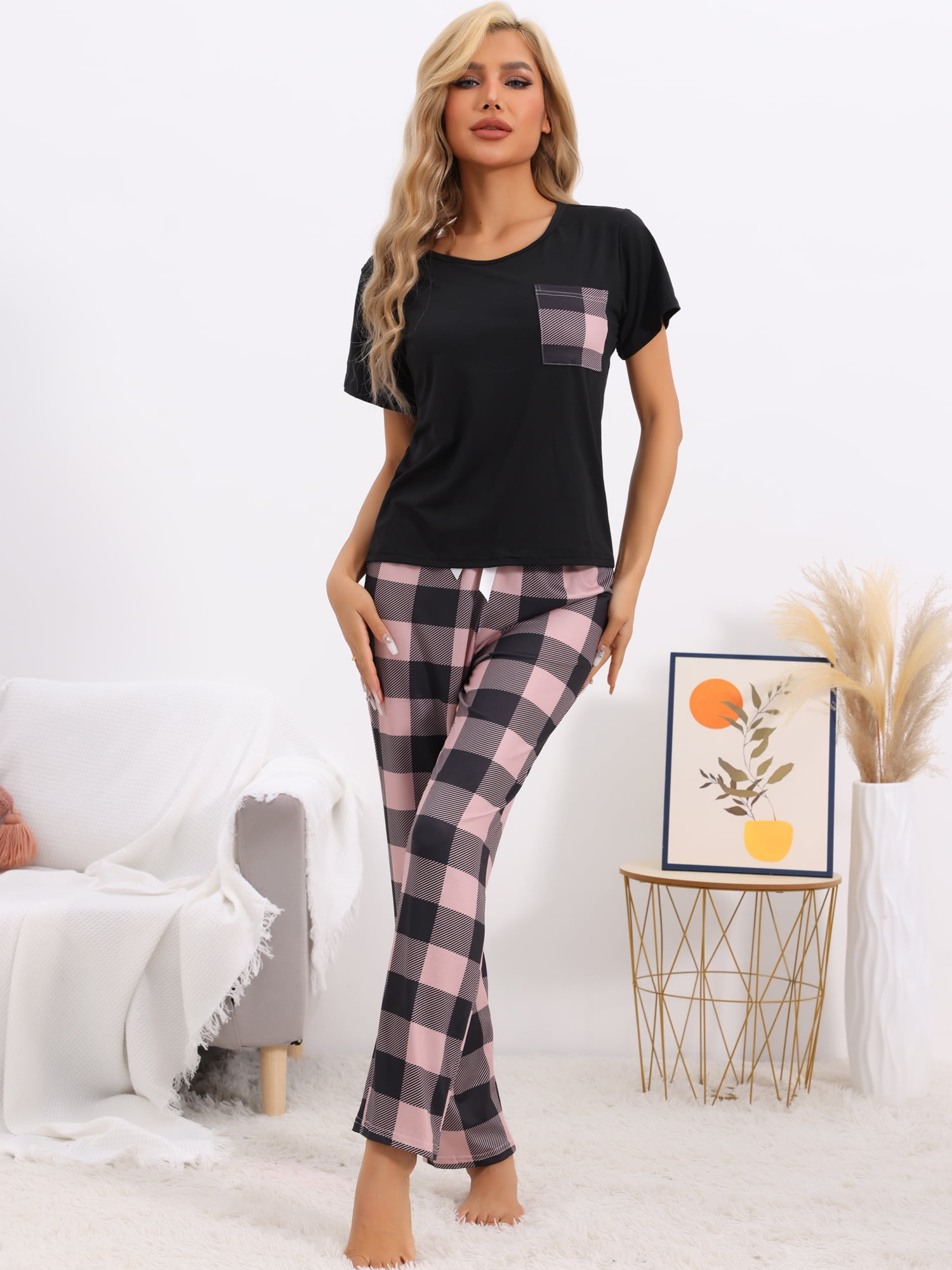 DARING DIVA Women's Plaid Short Sleeve Tops with Pants Pajama Sets S Pink