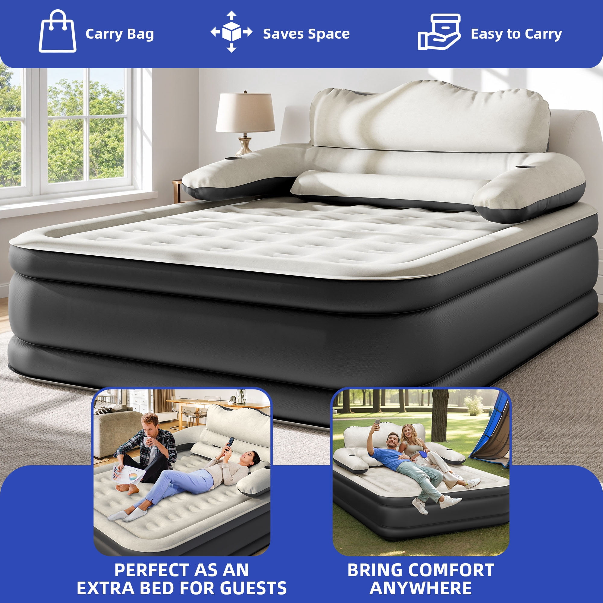 Uforic Queen Size Air Bed with Detachable Headboard & Integrated Pump, 18in Inflatable Mattress with Accessories for Home, Outdoors, and Travel