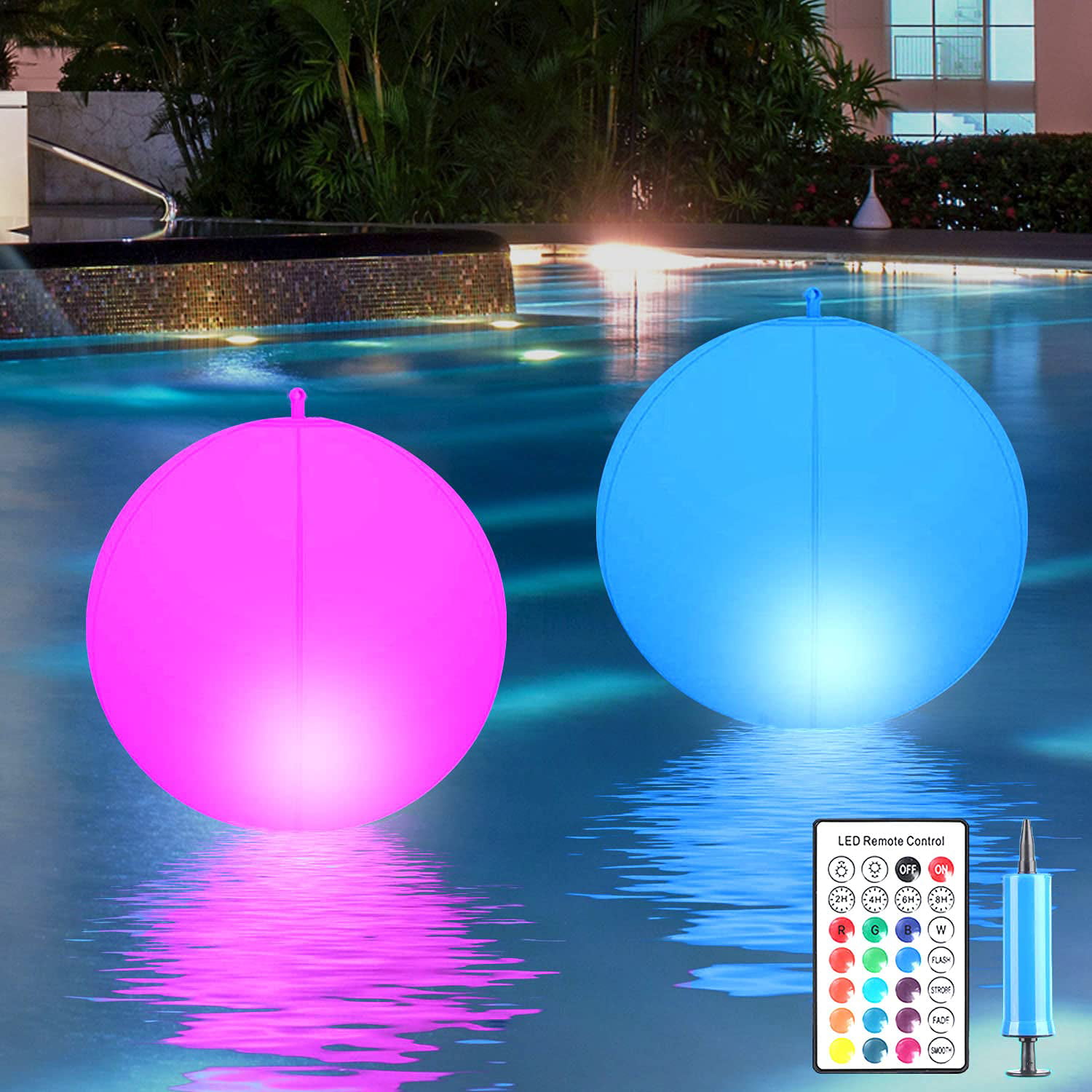 Exhibition Decor Solar Floating Pool Lights Ball with Remote,2-Pack14-inch LED Lights Inflatable Waterproof Color Changing Hangable Ball Light Perfect for Pond Pool Beach Garden Backyard 