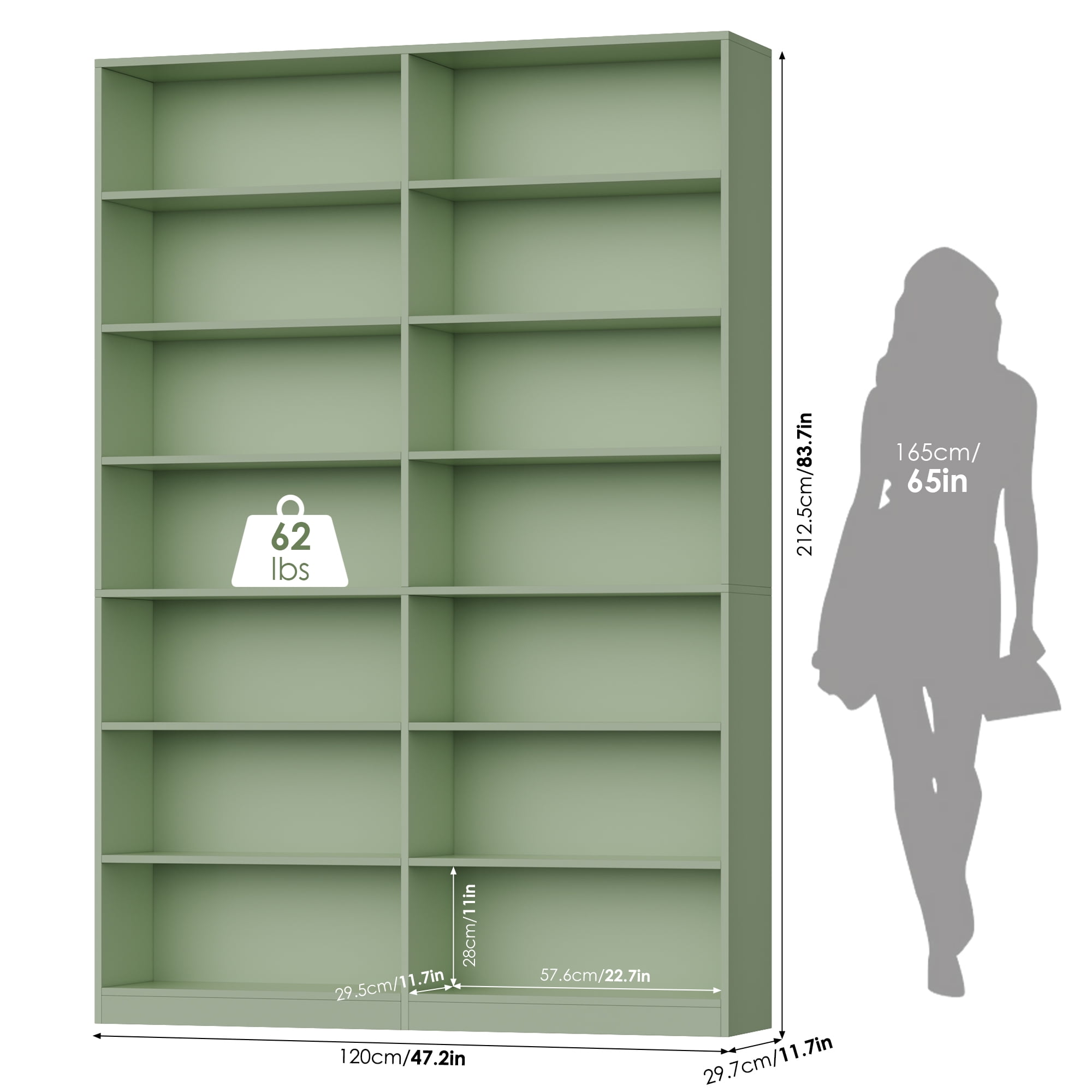 Hiphuta 84" Tall Double Wide 7-Tier Bookcase with 14 Cubes, Large Open Bookcase for Home Office and Living Room, Freestanding Display Book Shelves, Green