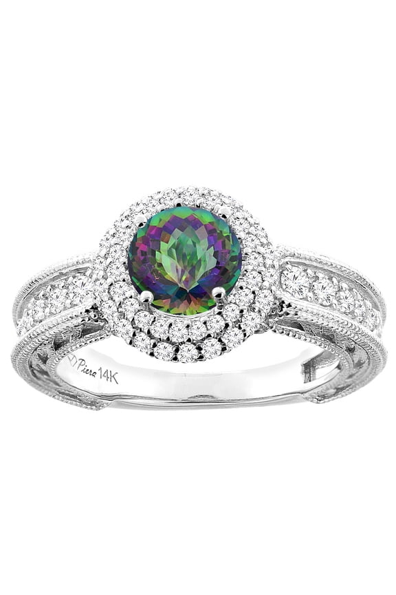 14K White Gold Natural Mystic Topaz & Diamond Halo Ring Round 6 mm, size 10