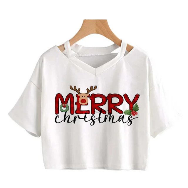 Ropa de Navidad, camiseta de reno, leopardo, árbol, Tops cortos de Feliz Navidad, camiseta de Harajuku gótico para mujer, camiseta de Año Nuevo